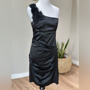 Vintage Ruby rox one shoulder ruched bodycon midi black satin cocktail dress